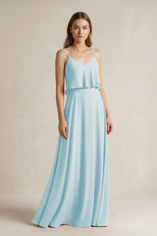 Ruffled Spaghetti Strap A - Line Chiffon Bridesmaid Dress in Sky Blue - KISS BRIDAL Bridesmaid Dresses
