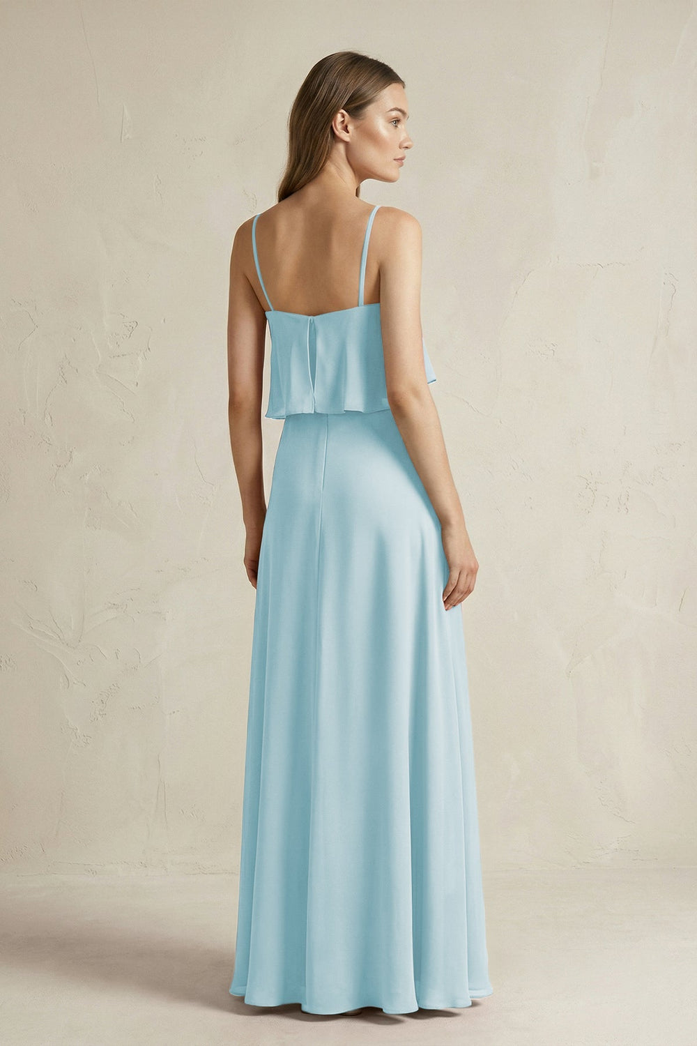 Ruffled Spaghetti Strap A - Line Chiffon Bridesmaid Dress in Sky Blue - KISS BRIDAL Bridesmaid Dresses