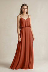 Ruffled Spaghetti Strap A - Line Chiffon Bridesmaid Dress in Spice - KISS BRIDAL Bridesmaid Dresses