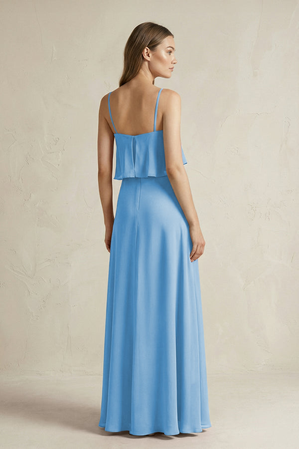 Ruffled Spaghetti Strap A - Line Chiffon Bridesmaid Dress in Steel Blue - KISS BRIDAL Bridesmaid Dresses