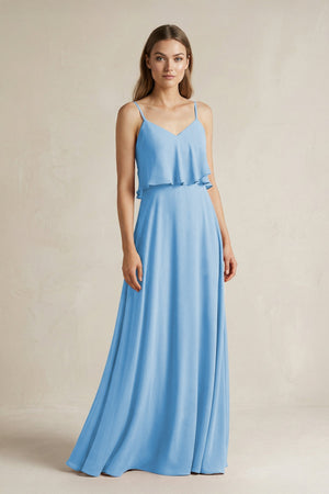 Ruffled Spaghetti Strap A - Line Chiffon Bridesmaid Dress in Steel Blue - KISS BRIDAL Bridesmaid Dresses