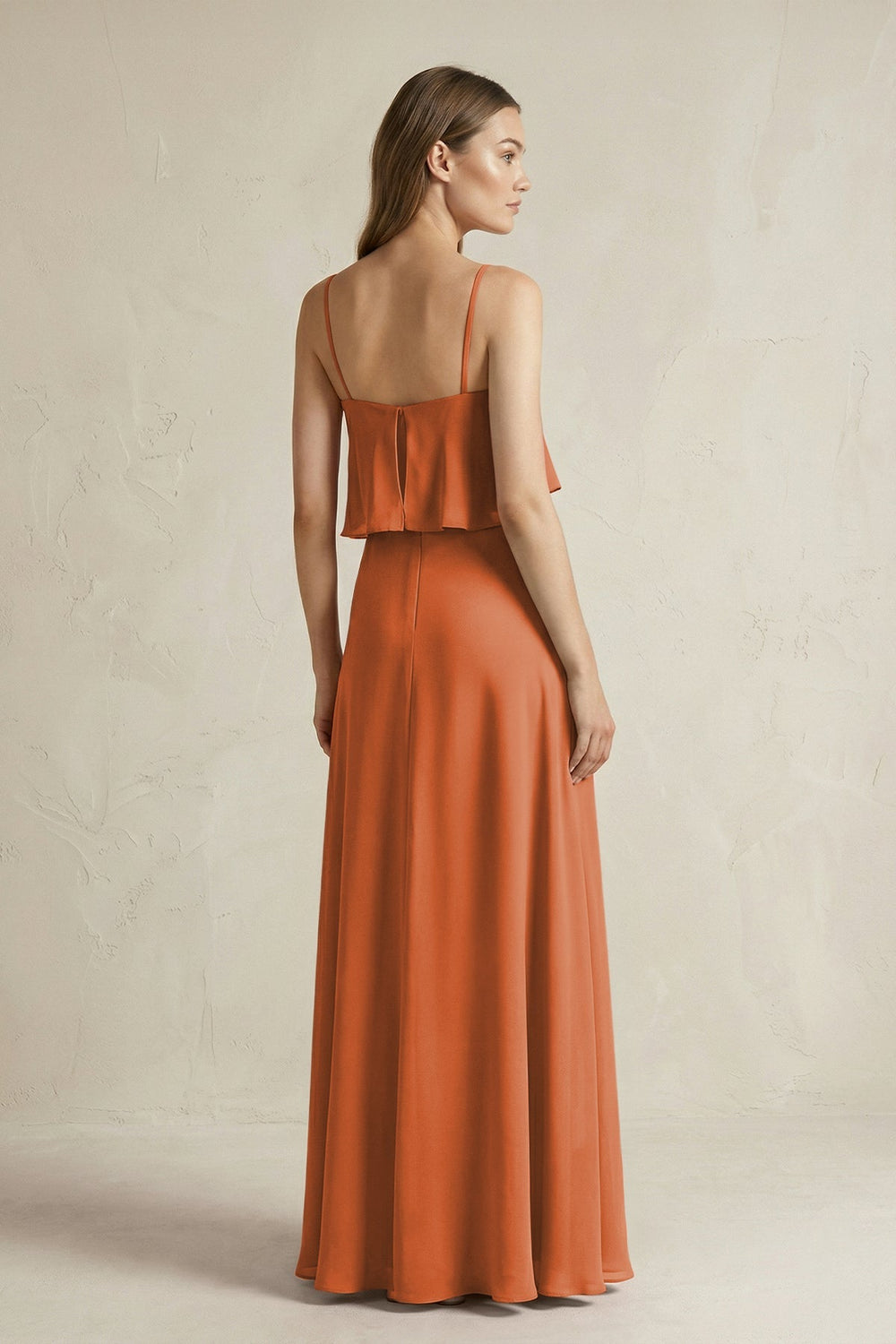 Ruffled Spaghetti Strap A - Line Chiffon Bridesmaid Dress in Terracotta - KISS BRIDAL Bridesmaid Dresses