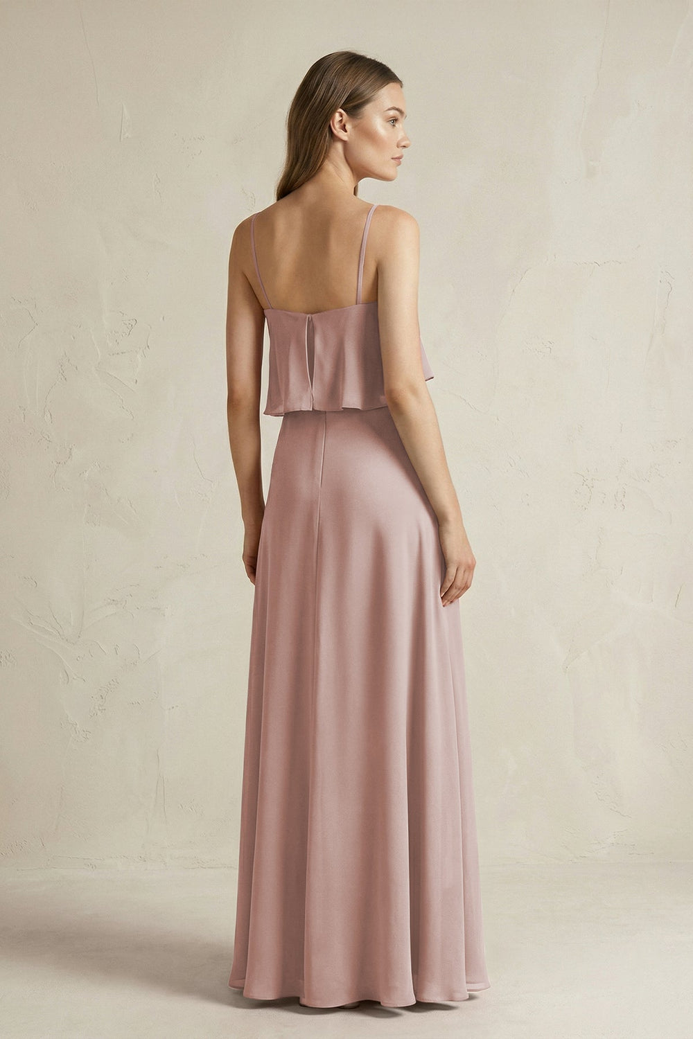 Ruffled Spaghetti Strap A - Line Chiffon Bridesmaid Dress in Toffee - KISS BRIDAL Bridesmaid Dresses