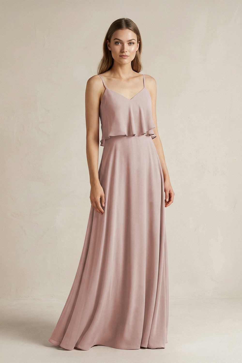 Ruffled Spaghetti Strap A - Line Chiffon Bridesmaid Dress in Toffee - KISS BRIDAL Bridesmaid Dresses