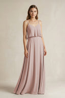 Ruffled Spaghetti Strap A-Line Chiffon Bridesmaid Dress in Toffee | KISSBRIDAL