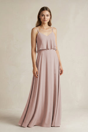 Ruffled Spaghetti Strap A-Line Chiffon Bridesmaid Dress in Toffee | KISSBRIDAL