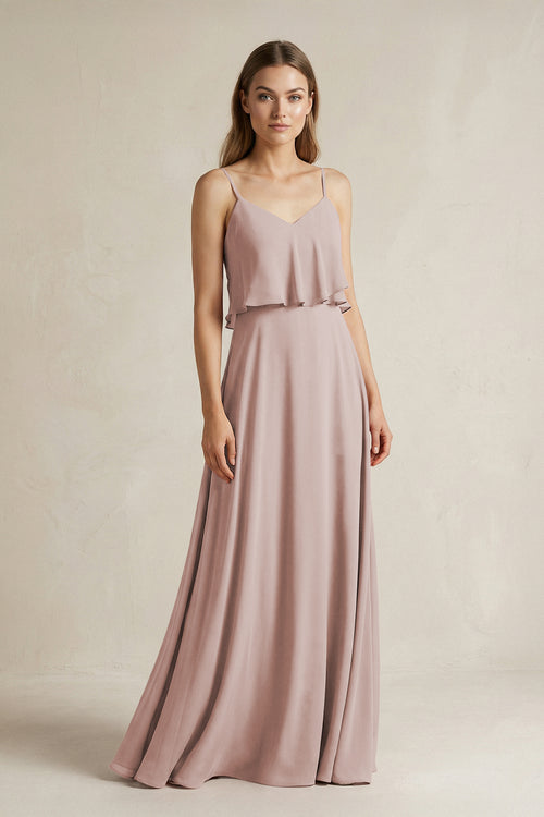 Ruffled Spaghetti Strap A-Line Chiffon Bridesmaid Dress in Toffee | KISSBRIDAL