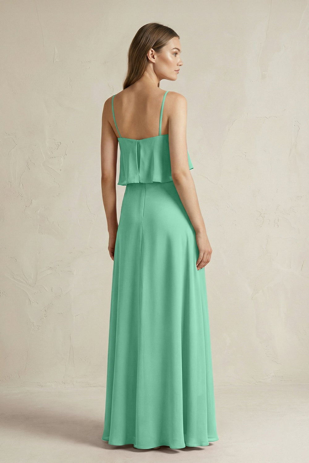 Ruffled Spaghetti Strap A - Line Chiffon Bridesmaid Dress in Turquoise - KISS BRIDAL Bridesmaid Dresses