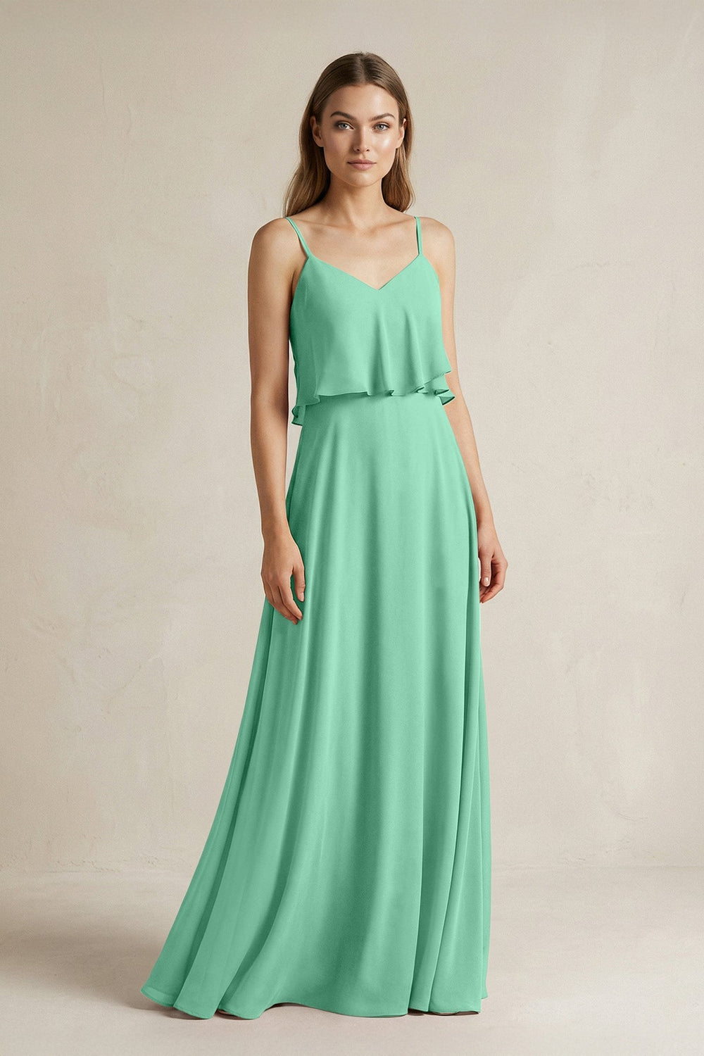 Ruffled Spaghetti Strap A - Line Chiffon Bridesmaid Dress in Turquoise - KISS BRIDAL Bridesmaid Dresses