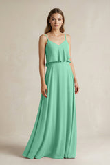 Ruffled Spaghetti Strap A - Line Chiffon Bridesmaid Dress in Turquoise - KISS BRIDAL Bridesmaid Dresses