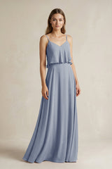 Ruffled Spaghetti Strap A - Line Chiffon Bridesmaid Dress in Twilight - KISS BRIDAL Bridesmaid Dresses