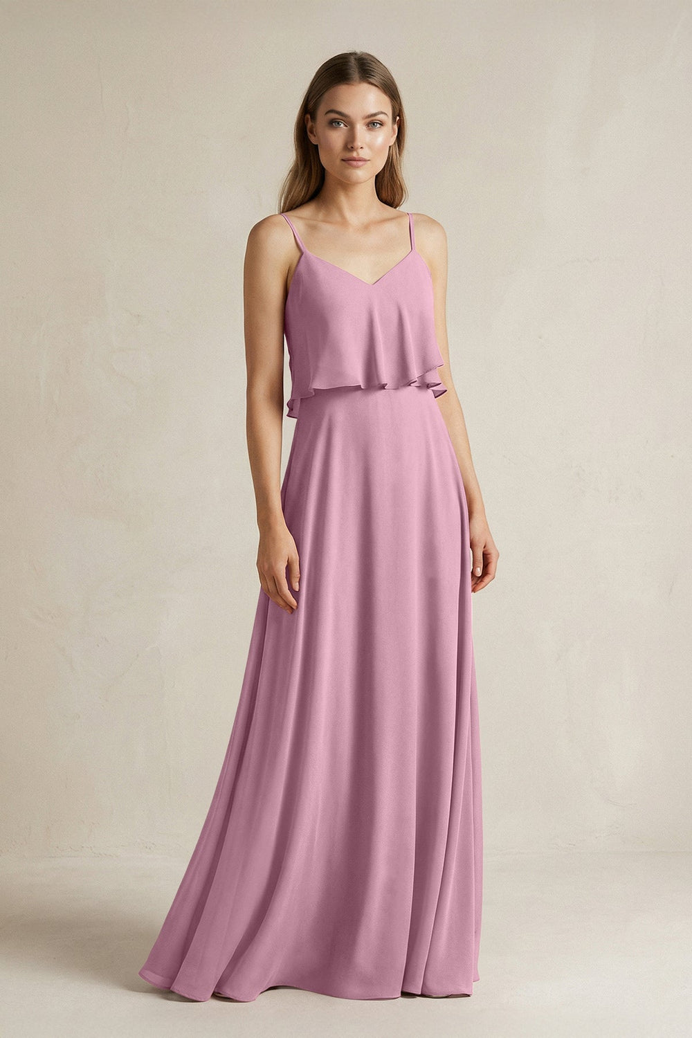 Ruffled Spaghetti Strap A - Line Chiffon Bridesmaid Dress in Vintage Mauve - KISS BRIDAL Bridesmaid Dresses
