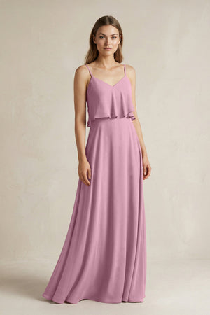Ruffled Spaghetti Strap A - Line Chiffon Bridesmaid Dress in Vintage Mauve - KISS BRIDAL Bridesmaid Dresses