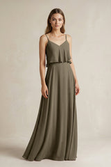 Ruffled Spaghetti Strap A - Line Chiffon Bridesmaid Dress in Willow Green - KISS BRIDAL Bridesmaid Dresses