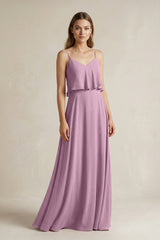 Ruffled Spaghetti Strap A - Line Chiffon Bridesmaid Dress in Wisteria - KISS BRIDAL Bridesmaid Dresses