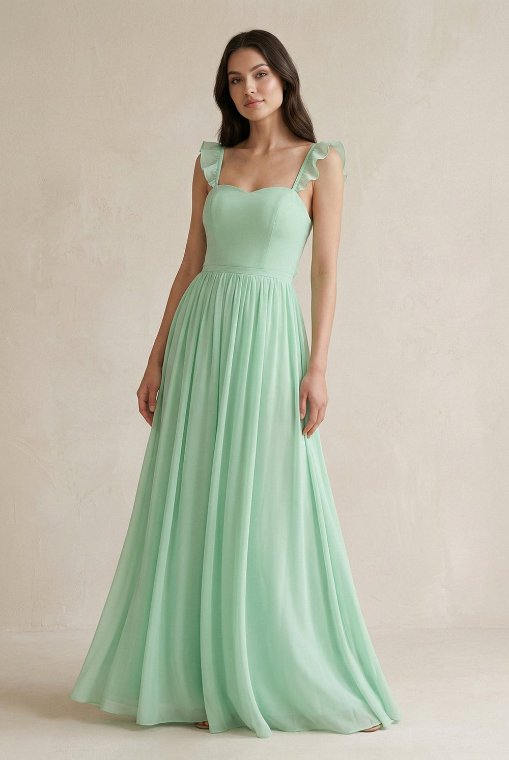 Ruffled Spaghetti Strap Chiffon A-Line Bridesmaid Dress in Pale Pistachio - SHE IS ME BRIDESMAID DRESSES