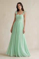 Ruffled Spaghetti Strap Chiffon A-Line Bridesmaid Dress in Pale Pistachio - KISS BRIDAL BRIDESMAID DRESSES