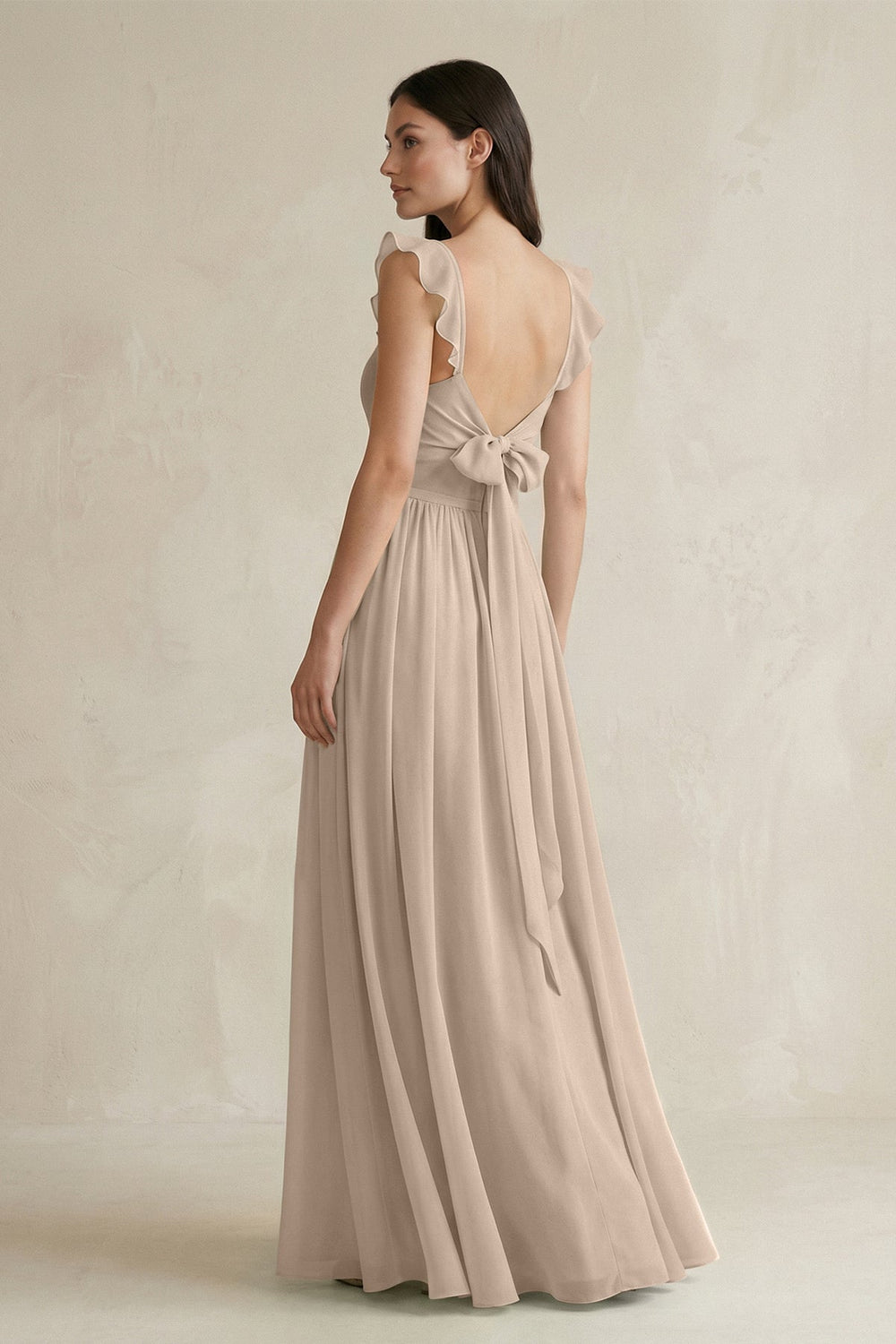 Ruffled Spaghetti Strap Chiffon A - Line Bridesmaid Dress in Almond - KISS BRIDAL Bridesmaid Dresses