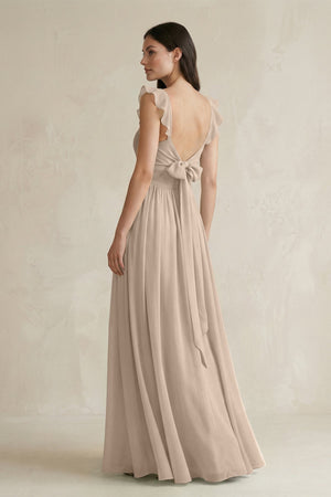 Ruffled Spaghetti Strap Chiffon A - Line Bridesmaid Dress in Almond - KISS BRIDAL Bridesmaid Dresses