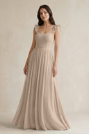 Ruffled Spaghetti Strap Chiffon A - Line Bridesmaid Dress in Almond - KISS BRIDAL Bridesmaid Dresses