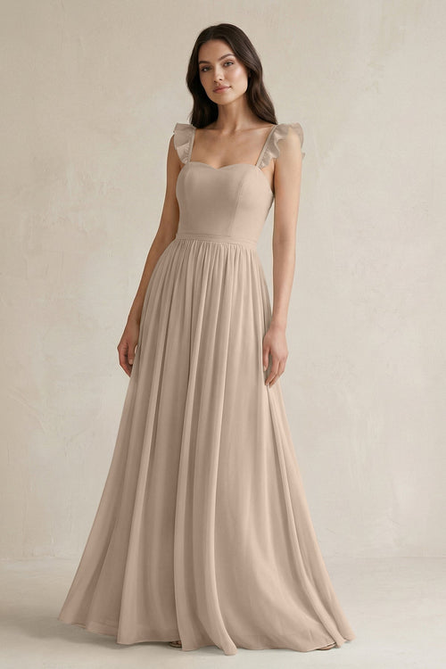 Ruffled Spaghetti Strap Chiffon A - Line Bridesmaid Dress in Almond - KISS BRIDAL Bridesmaid Dresses