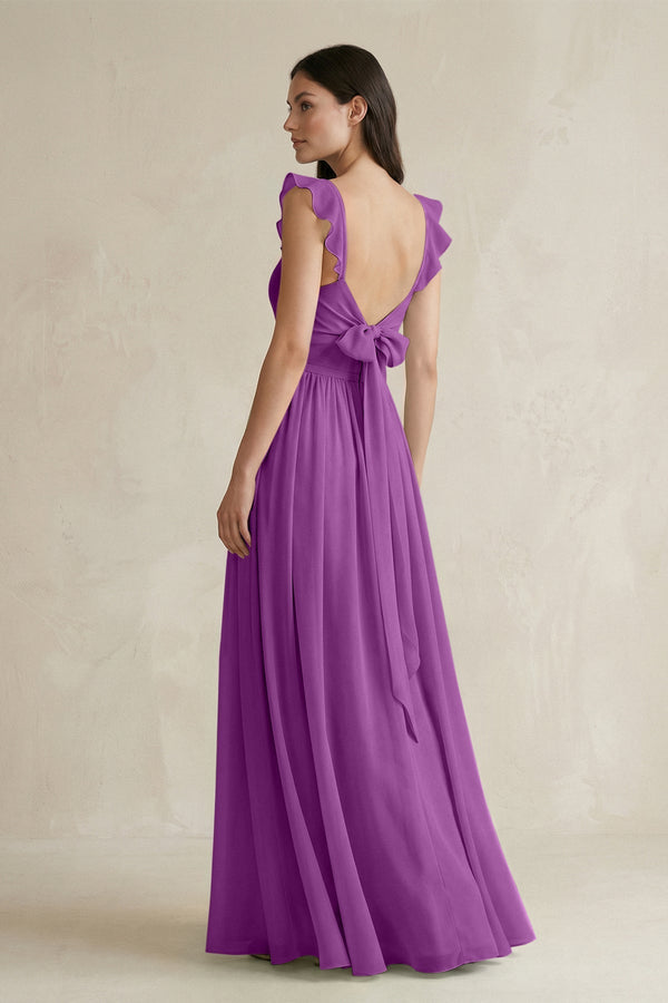 Ruffled Spaghetti Strap Chiffon A - Line Bridesmaid Dress in Amethyst - SHE IS ME Bridesmaid Dresses