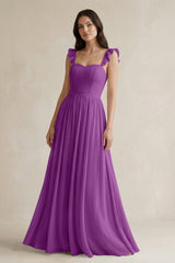 Ruffled Spaghetti Strap Chiffon A - Line Bridesmaid Dress in Amethyst - KISS BRIDAL Bridesmaid Dresses
