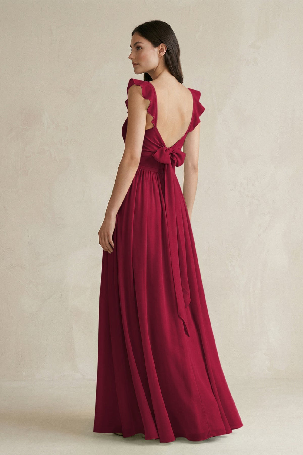 Ruffled Spaghetti Strap Chiffon A - Line Bridesmaid Dress in Berry - KISS BRIDAL Bridesmaid Dresses