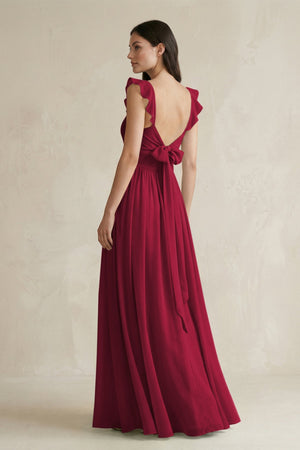 Ruffled Spaghetti Strap Chiffon A - Line Bridesmaid Dress in Berry - KISS BRIDAL Bridesmaid Dresses