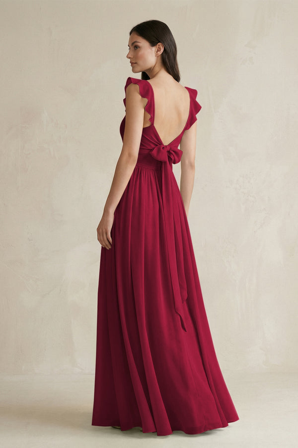 Ruffled Spaghetti Strap Chiffon A - Line Bridesmaid Dress in Berry - KISS BRIDAL Bridesmaid Dresses