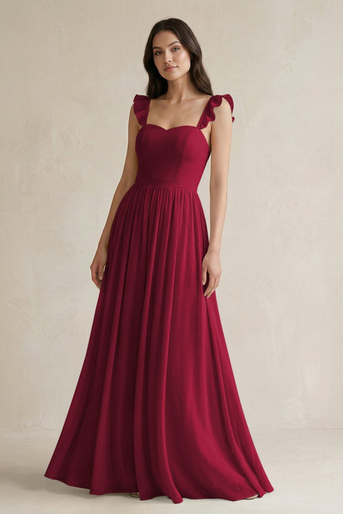 Ruffled Spaghetti Strap Chiffon A - Line Bridesmaid Dress in Berry - KISS BRIDAL Bridesmaid Dresses