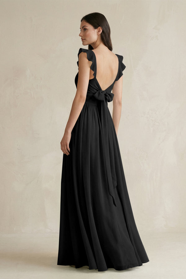 Ruffled Spaghetti Strap Chiffon A - Line Bridesmaid Dress in Black - SHE IS ME Bridesmaid Dresses