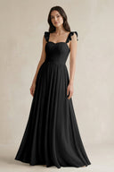 Ruffled Spaghetti Strap Chiffon A - Line Bridesmaid Dress in Black - SHE IS ME Bridesmaid Dresses