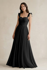 Ruffled Spaghetti Strap Chiffon A - Line Bridesmaid Dress in Black - KISS BRIDAL Bridesmaid Dresses