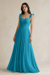 Ruffled Spaghetti Strap Chiffon A - Line Bridesmaid Dress in Blue Jay - KISS BRIDAL Bridesmaid Dresses