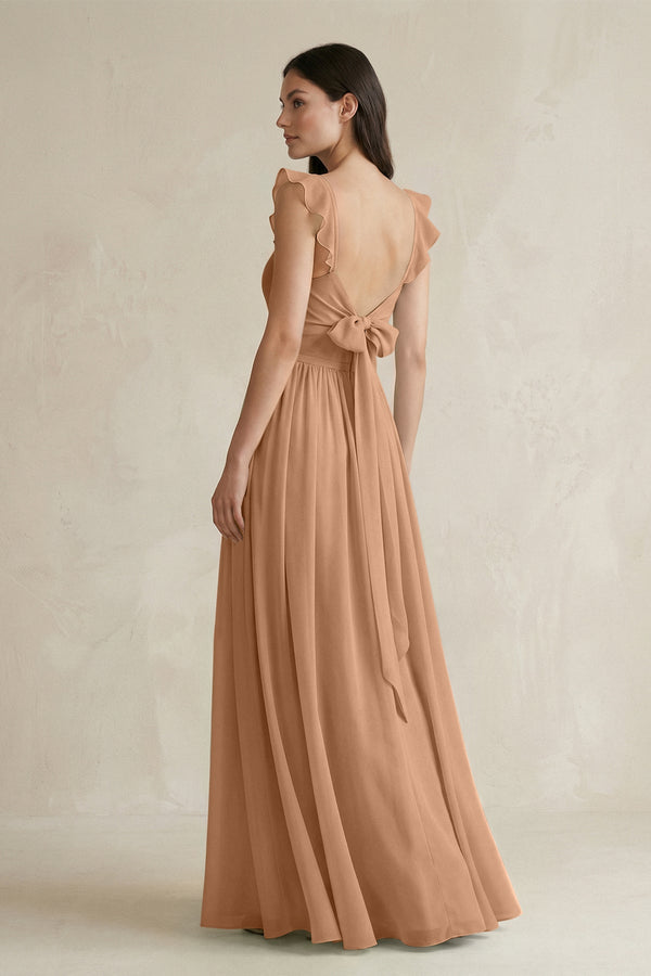 Ruffled Spaghetti Strap Chiffon A - Line Bridesmaid Dress in Bronzer - SHE IS ME Bridesmaid Dresses