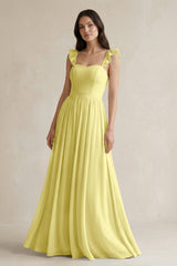 Ruffled Spaghetti Strap Chiffon A - Line Bridesmaid Dress in Buttercup - KISS BRIDAL Bridesmaid Dresses