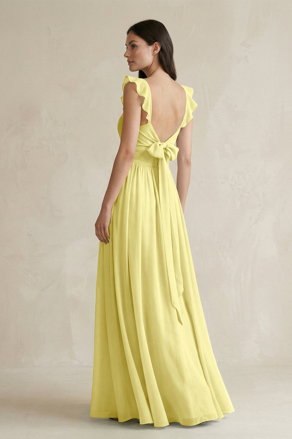 Ruffled Spaghetti Strap Chiffon A - Line Bridesmaid Dress in Buttercup - KISS BRIDAL Bridesmaid Dresses