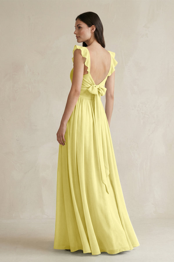 Ruffled Spaghetti Strap Chiffon A - Line Bridesmaid Dress in Buttercup - KISS BRIDAL Bridesmaid Dresses