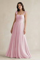 Ruffled Spaghetti Strap Chiffon A - Line Bridesmaid Dress in Candy Pink - KISS BRIDAL Bridesmaid Dresses