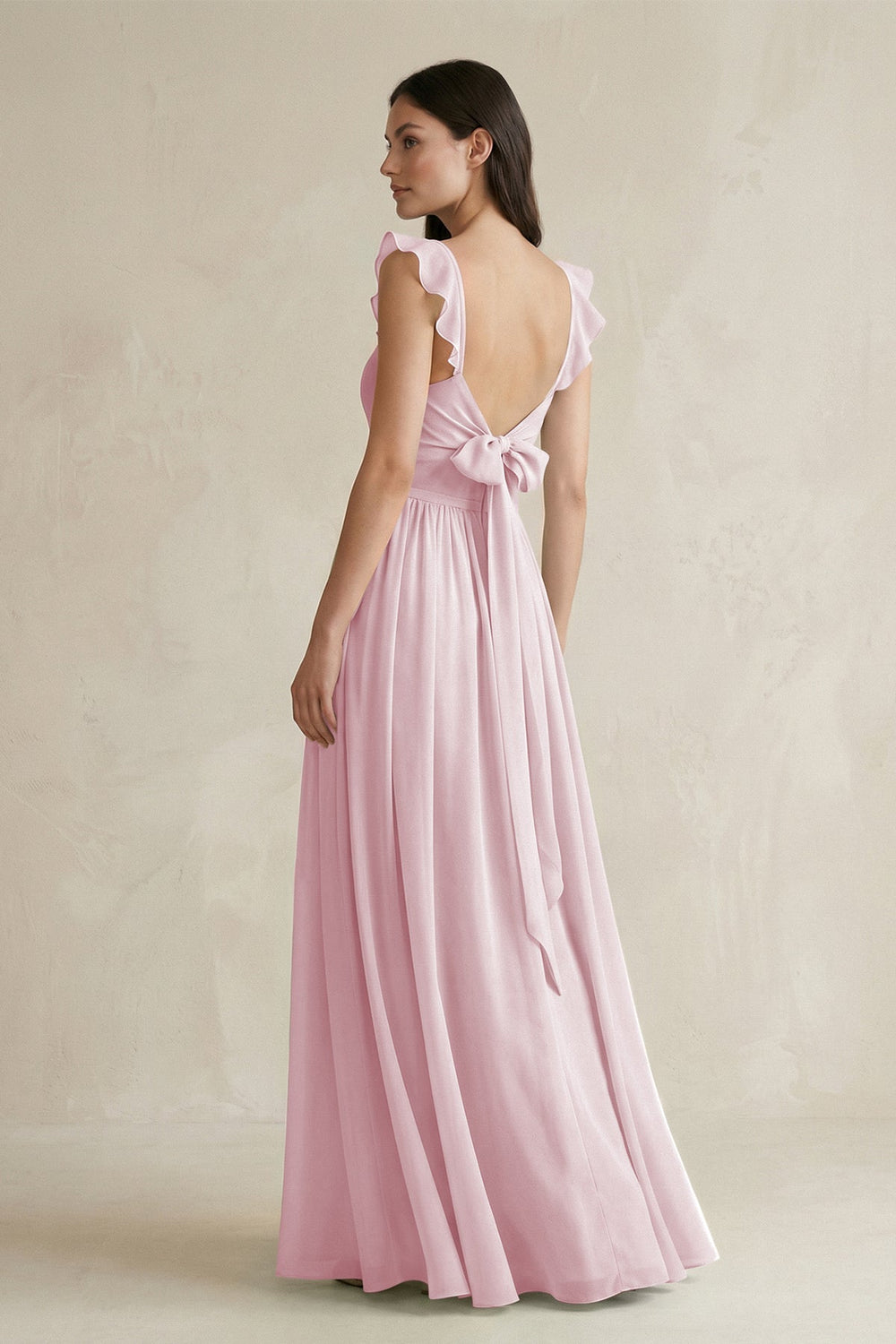 Ruffled Spaghetti Strap Chiffon A - Line Bridesmaid Dress in Candy Pink - KISS BRIDAL Bridesmaid Dresses