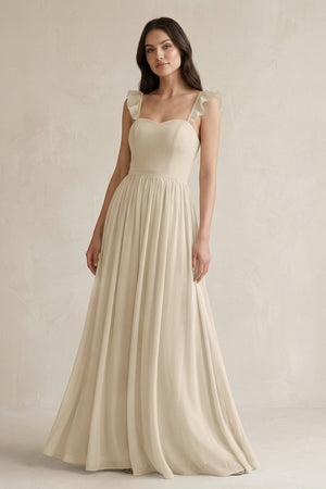 Ruffled Spaghetti Strap Chiffon A - Line Bridesmaid Dress in Champagne - KISS BRIDAL Bridesmaid Dresses