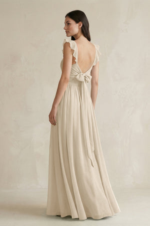 Ruffled Spaghetti Strap Chiffon A - Line Bridesmaid Dress in Champagne - KISS BRIDAL Bridesmaid Dresses