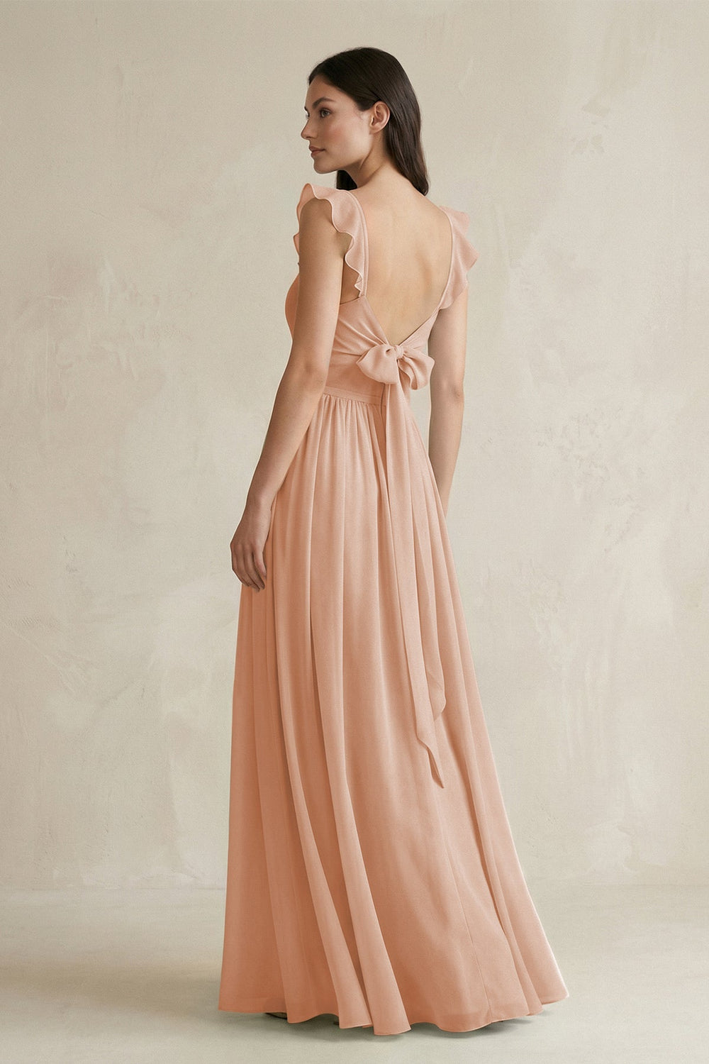 Ruffled Spaghetti Strap Chiffon A - Line Bridesmaid Dress in Champagne Rose - KISS BRIDAL Bridesmaid Dresses