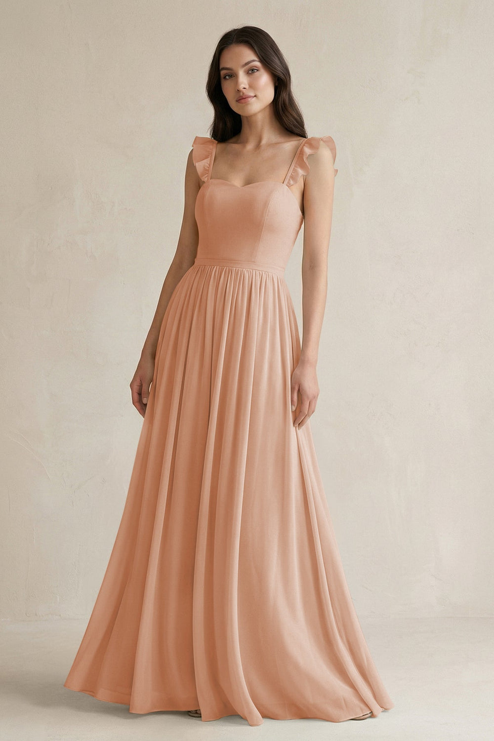 Ruffled Spaghetti Strap Chiffon A - Line Bridesmaid Dress in Champagne Rose - KISS BRIDAL Bridesmaid Dresses