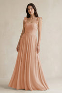 Ruffled Spaghetti Strap Chiffon A - Line Bridesmaid Dress in Champagne Rose - KISS BRIDAL Bridesmaid Dresses
