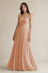 Ruffled Spaghetti Strap Chiffon A - Line Bridesmaid Dress in Champagne Rose - KISS BRIDAL Bridesmaid Dresses