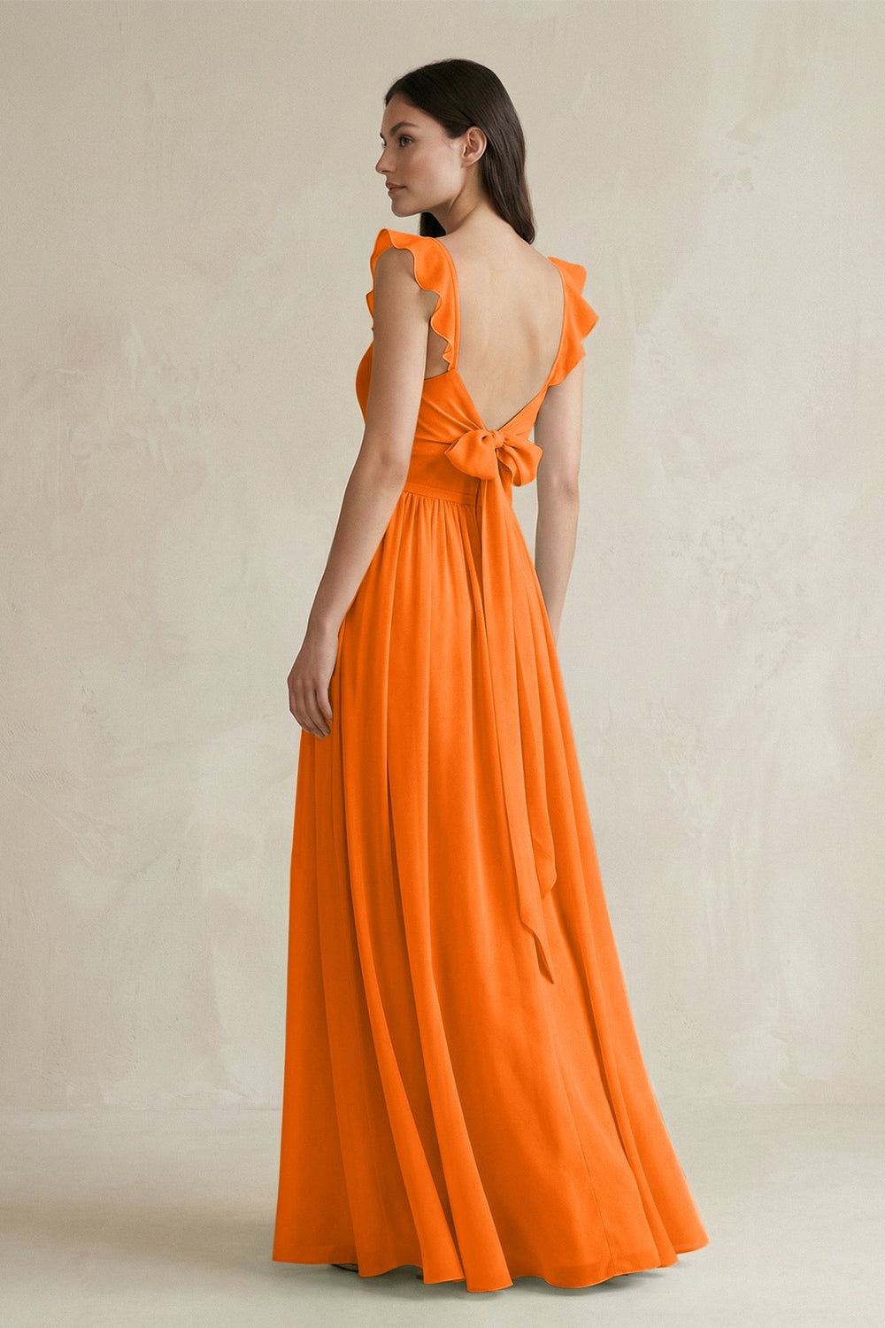 Ruffled Spaghetti Strap Chiffon A - Line Bridesmaid Dress in Cinnamon - KISS BRIDAL Bridesmaid Dresses