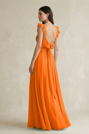 Ruffled Spaghetti Strap Chiffon A - Line Bridesmaid Dress in Cinnamon - KISS BRIDAL Bridesmaid Dresses