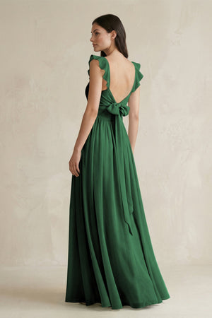 Ruffled Spaghetti Strap Chiffon A - Line Bridesmaid Dress in Dark Green - SHE IS ME Bridesmaid Dresses